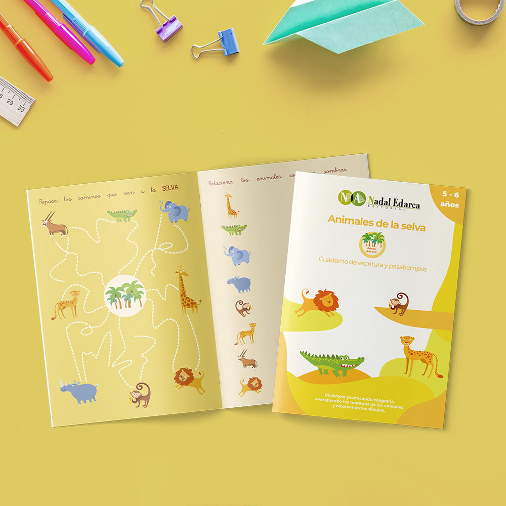 Cuadernos de escritura y pasatiempos infantil - Animales de la selva