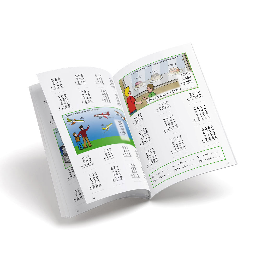 Cuaderno de matemáticas de primaria - Castillo Cálculo 2a - Sumar, llevando, con mayor dificultad