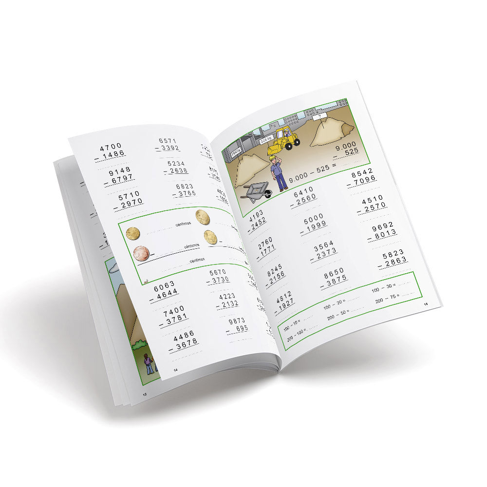Cuaderno de matemáticas de primaria - Castillo Cálculo 4a - Restar llevando, con mayor dificultad